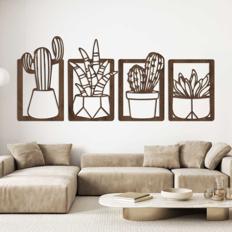 Decorațiune murală din lemn cu patru motive de suculente și cactuși în ghivece