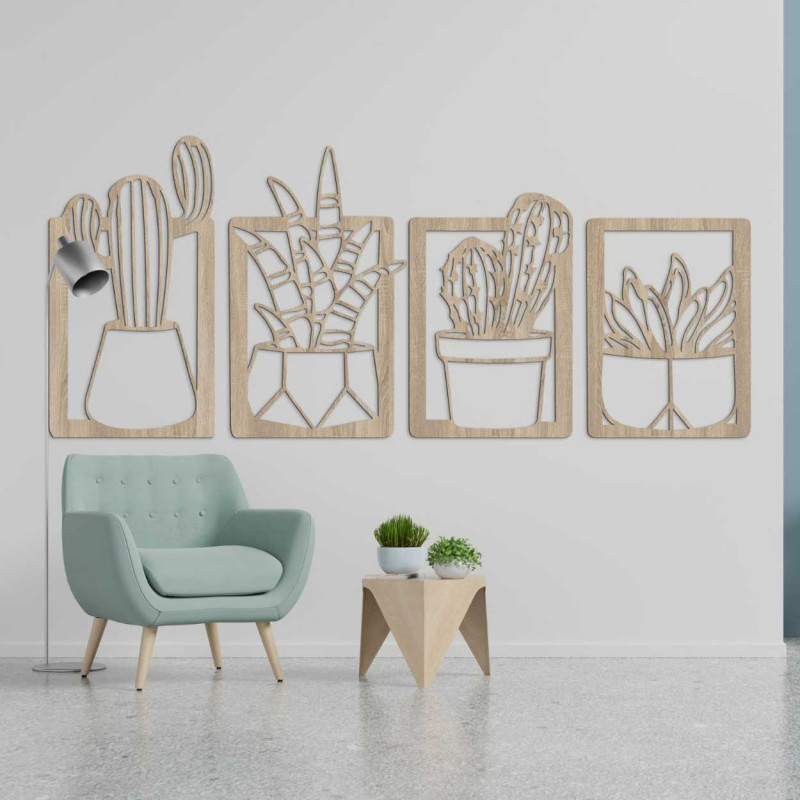 Decorațiune murală din lemn cu patru motive de suculente și cactuși în ghivece