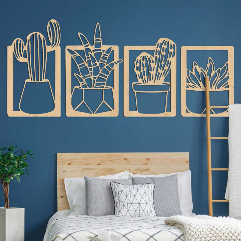 Decorațiune murală din lemn cu patru motive de suculente și cactuși în ghivece