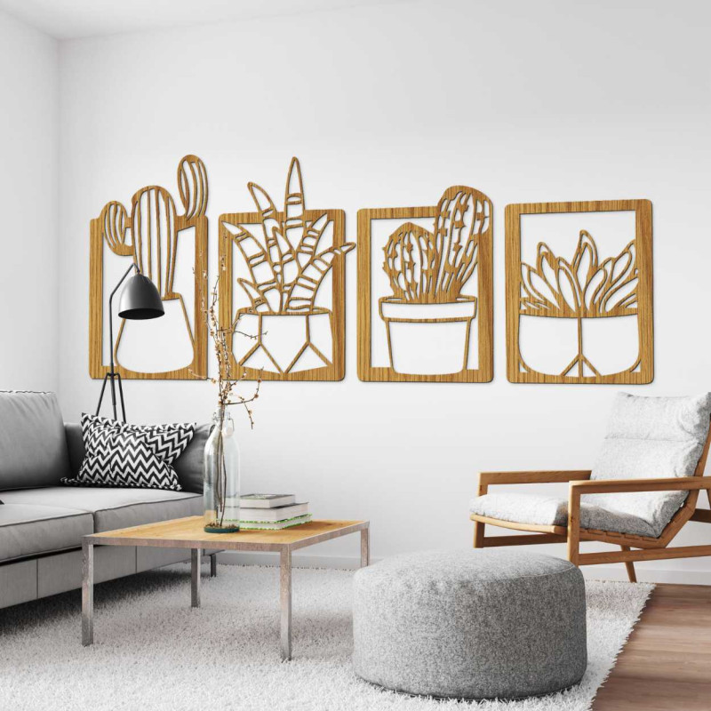 Decorațiune murală din lemn cu patru motive de suculente și cactuși în ghivece