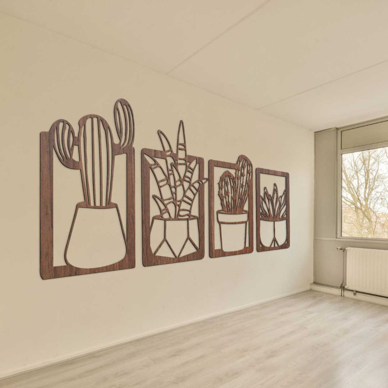 Decor rustic din lemn cu motive subtile de plante de apartament