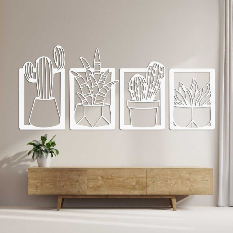 Decorațiune murală din lemn cu patru motive de suculente și cactuși în ghivece