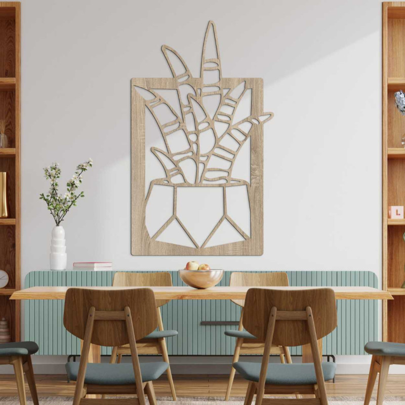 Decorațiune murală din lemn cu patru motive de suculente și cactuși în ghivece