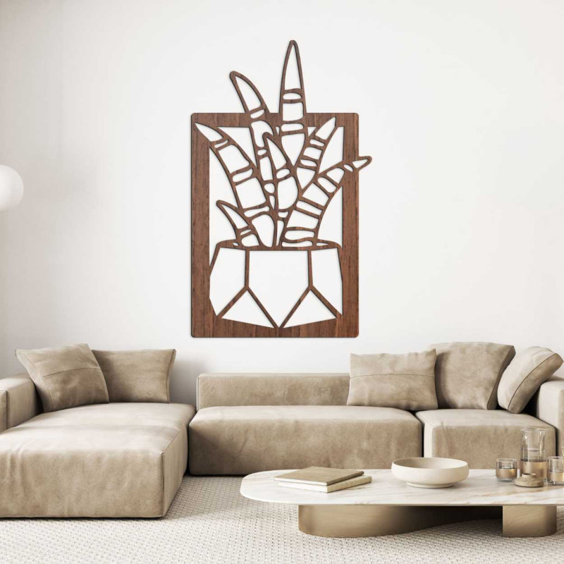 Decorațiune murală din lemn cu patru motive de suculente și cactuși în ghivece