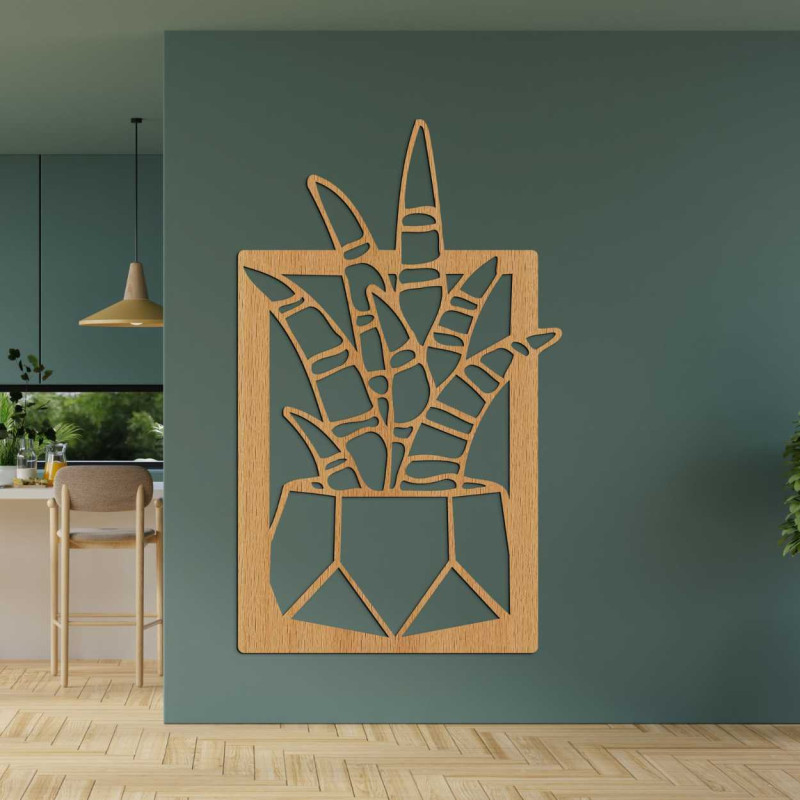 Decorațiune murală din lemn cu patru motive de suculente și cactuși în ghivece