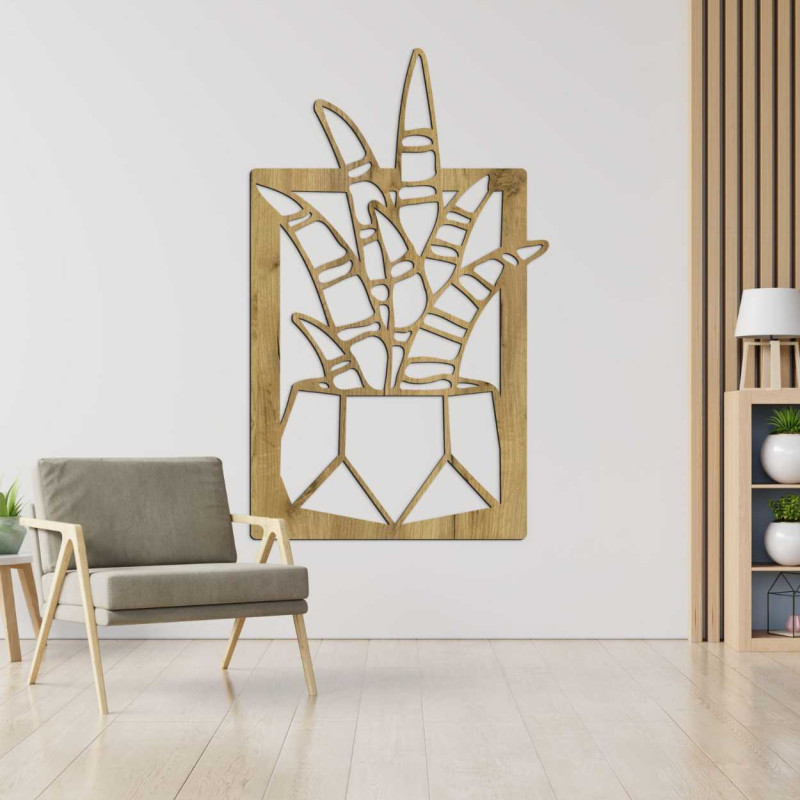 Decorațiune murală din lemn cu patru motive de suculente și cactuși în ghivece