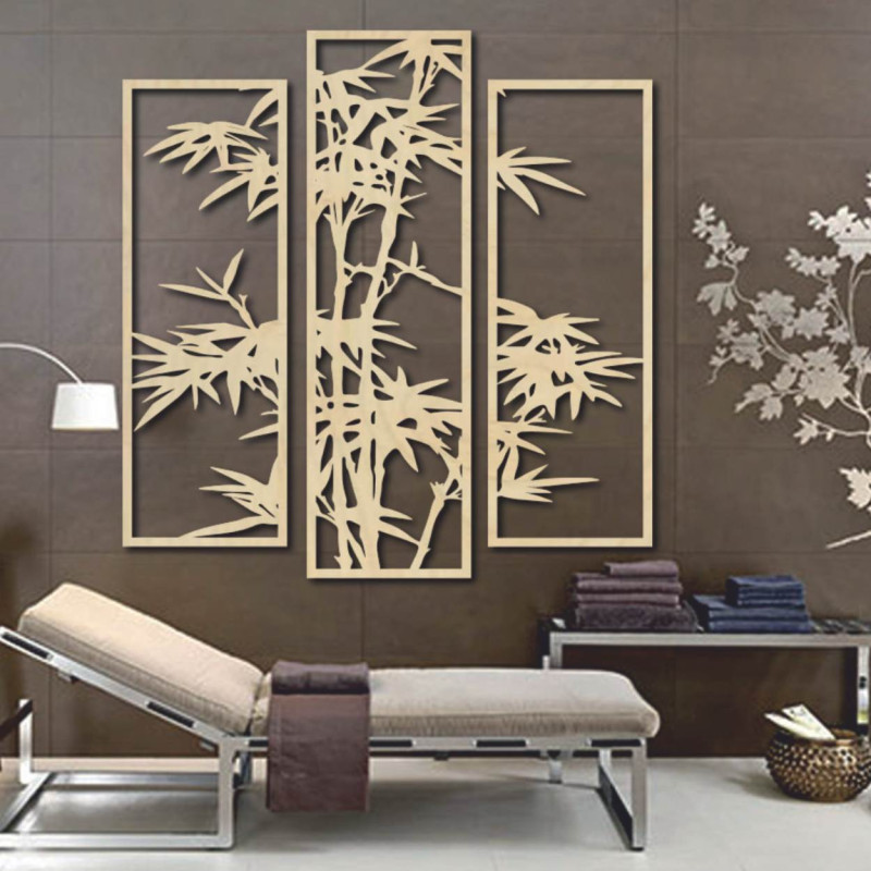 Pictură murală metalică din trei piese - siluetă de bambus într-un design modern