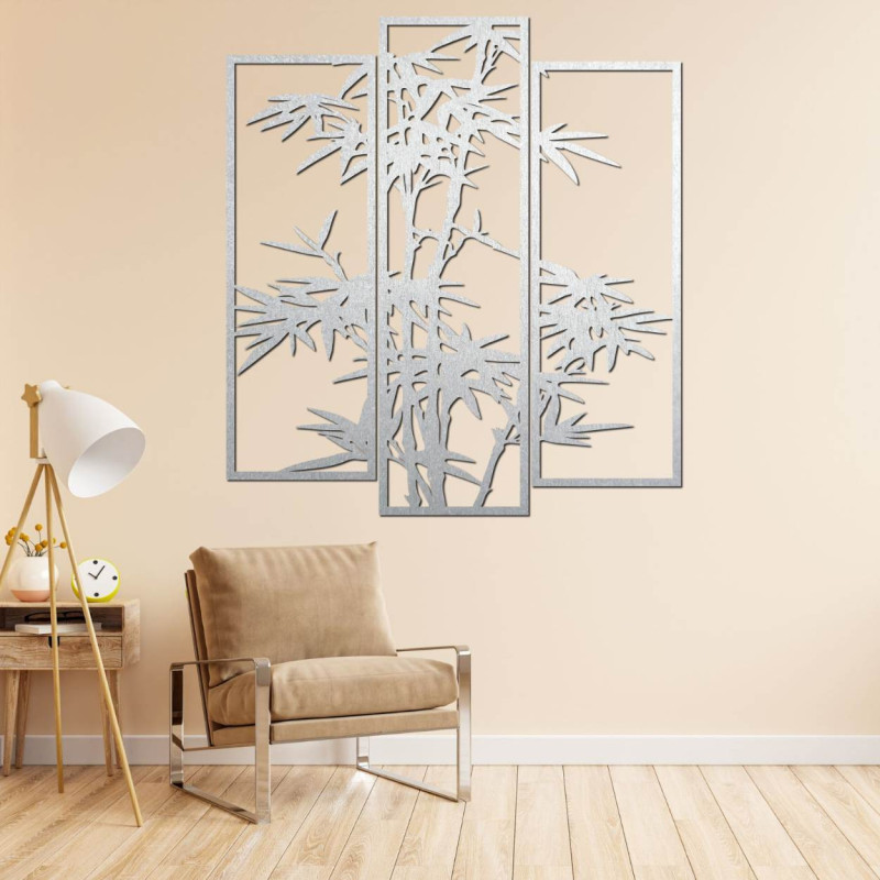 Pictură murală metalică cu motiv de bambus - decor luxos din trei piese