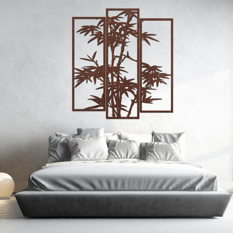 Pictură metalică din trei piese cu motiv de bambus - decorațiune murală modernă pentru interior