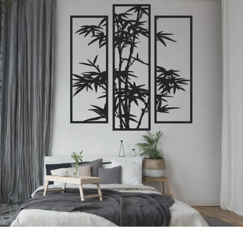 Pictură metalică din trei piese cu motiv de bambus - decorațiune murală modernă pentru interior