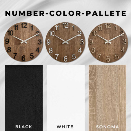 Ceas modern din lemn, cu formă rotundă și cadran discret