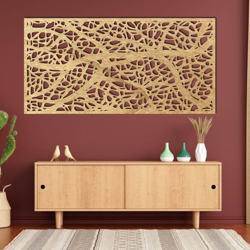 Tablou sculptat în lemn cu motiv floral pentru perete, decor pentru sufragerie și interior.