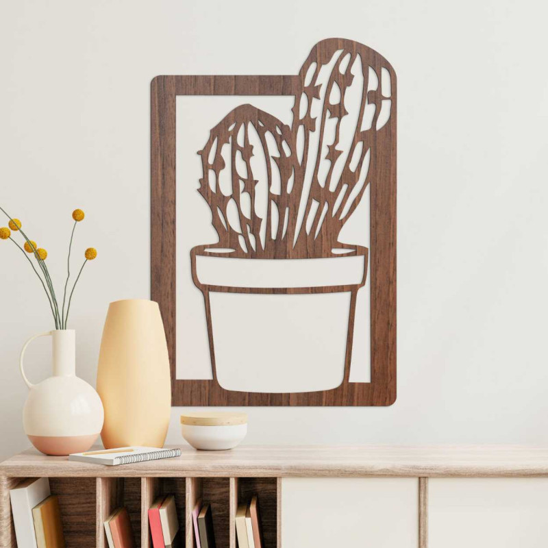 Decorațiune murală mare în relief din lemn, cu motiv modern de cactus.