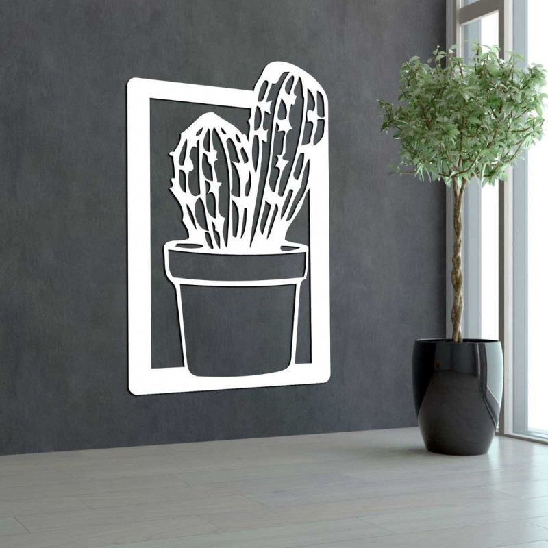 Decorațiune murală modernă pentru living, cu ramă din lemn și motiv natural de cactus.