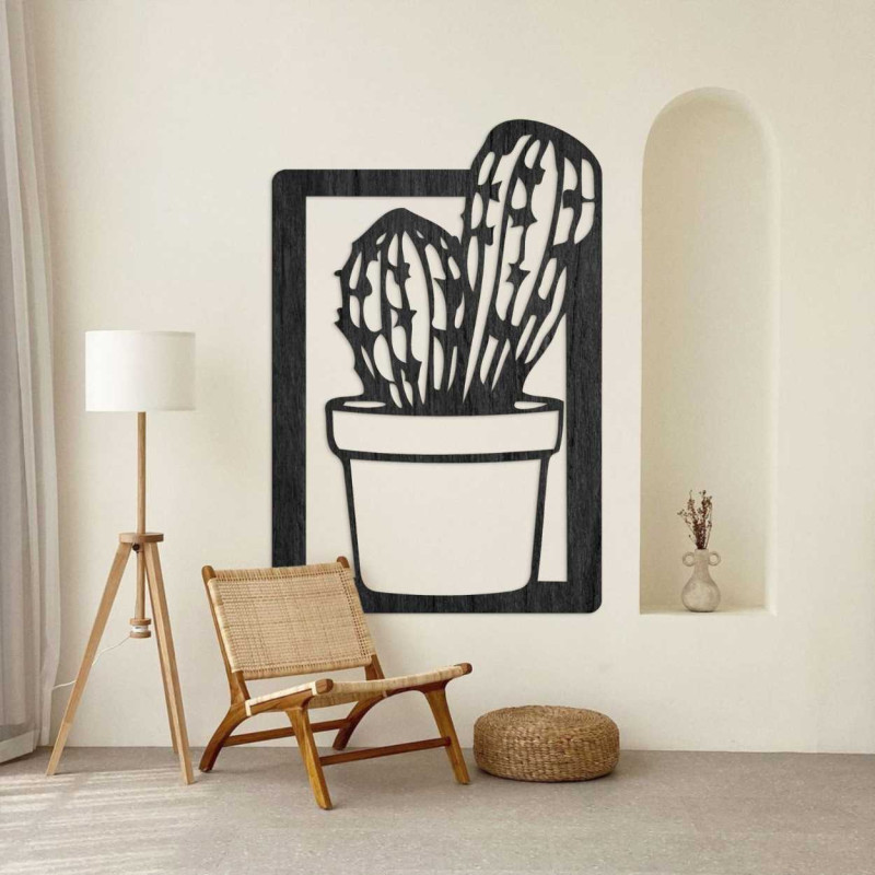 Decorațiune murală modernă pentru living, cu ramă din lemn și motiv natural de cactus.