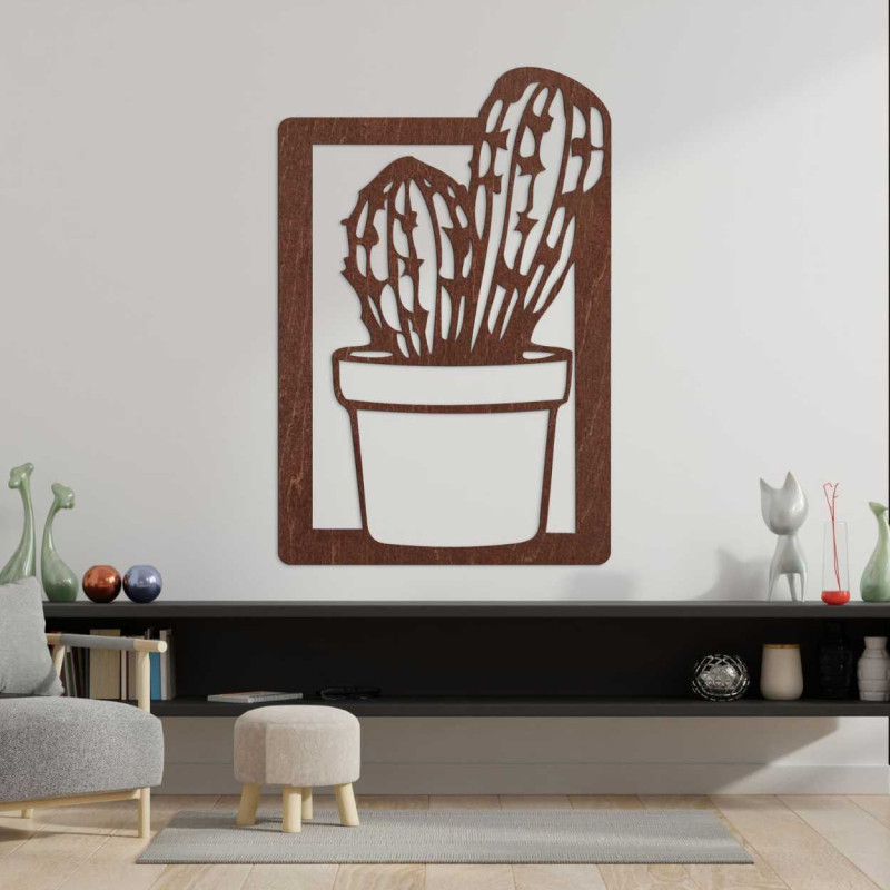 Decorațiune murală modernă pentru living, cu ramă din lemn și motiv natural de cactus.