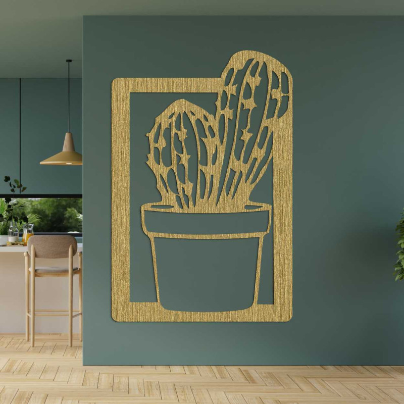 Decorațiune murală modernă pentru living, cu ramă din lemn și motiv natural de cactus.
