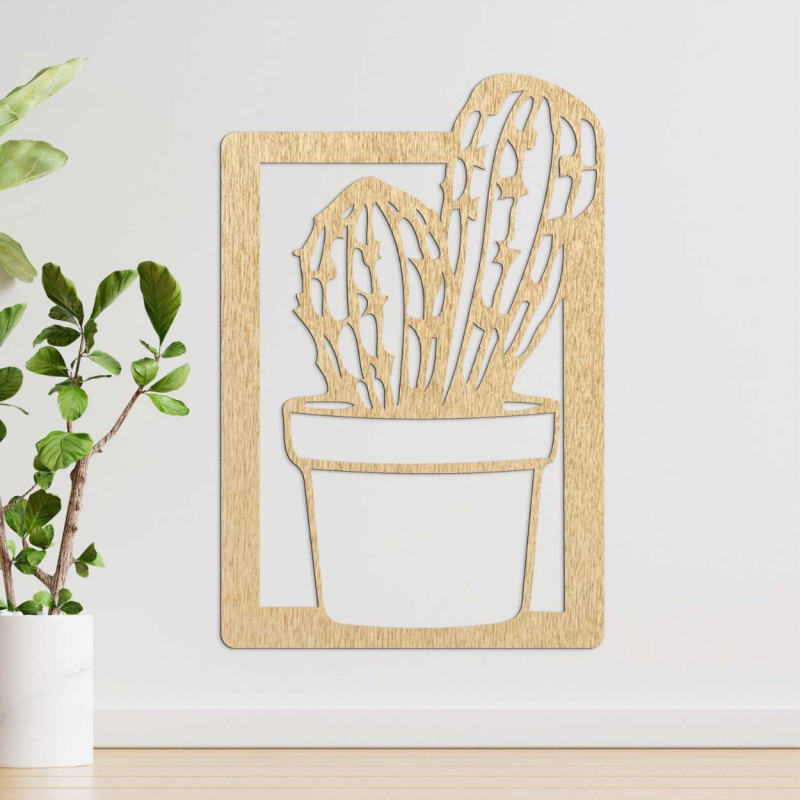 Decorațiune murală modernă pentru living, cu ramă din lemn și motiv natural de cactus.