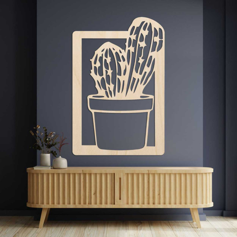Decorațiune murală modernă pentru living, cu ramă din lemn și motiv natural de cactus.