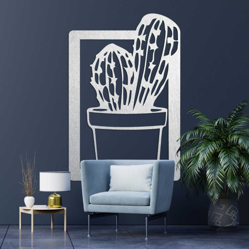 Decorațiune murală modernă pentru living, cu ramă din lemn și motiv natural de cactus.