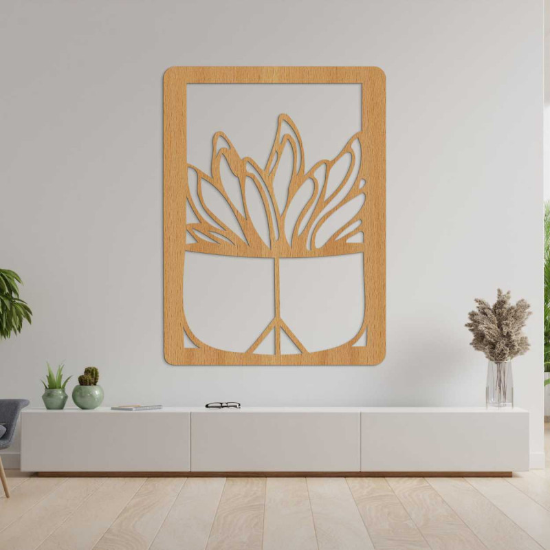 Decorațiune murală mare din lemn cu motiv natural de cactus