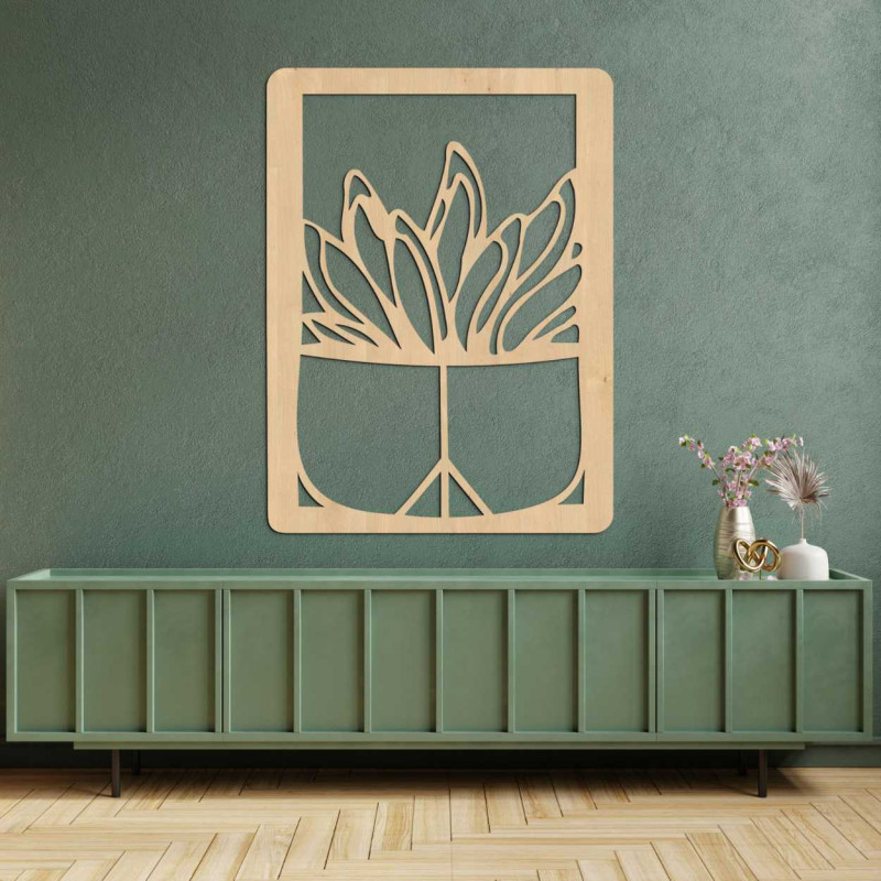 Decorațiune murală mare din lemn cu motiv natural de cactus