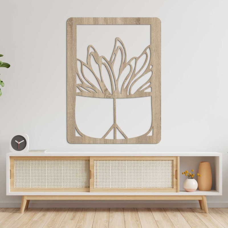 Decorațiune murală mare din lemn cu motiv natural de cactus
