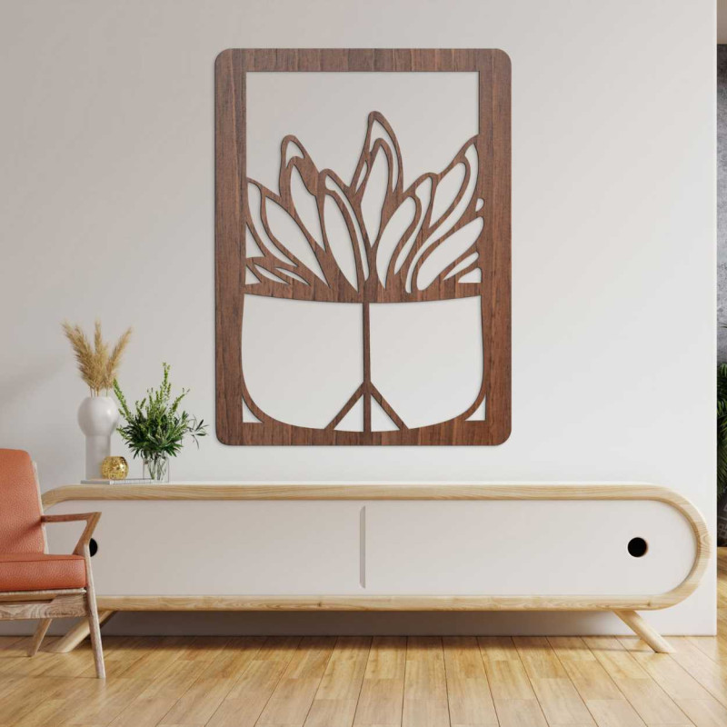 Decorațiune murală mare din lemn cu motiv natural de cactus