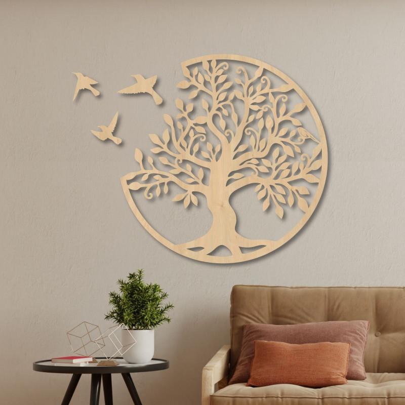 Copac cu imagini din lemn cu păsări | Decorațiune de perete