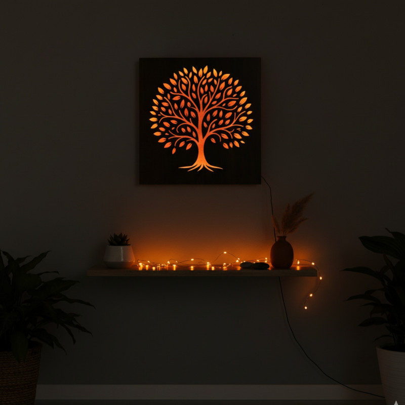 Tablou LED Copacul Vieții - decorațiune din lemn cu iluminare din spate