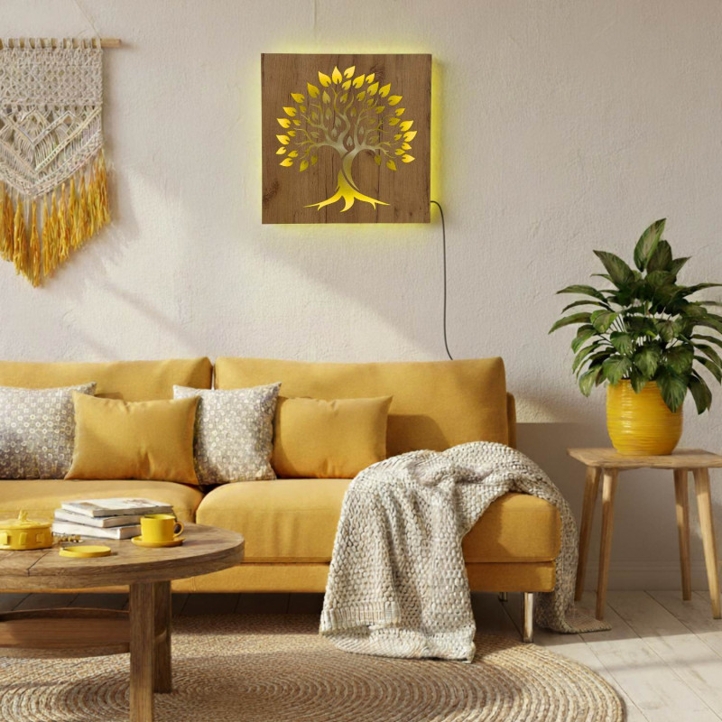 Tablou din lemn cu iluminare din spate „Arborele Vieții” decorațiune de perete cu LED-uri