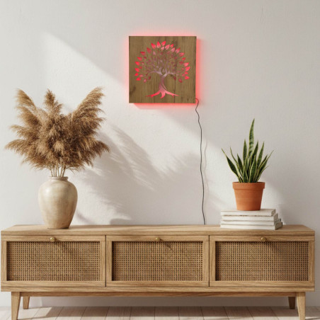 Tablou din lemn cu iluminare din spate „Arborele Vieții” decorațiune de perete cu LED | BAKE