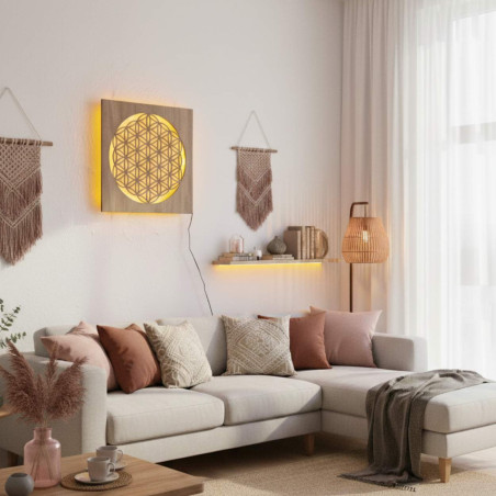 Pictură din lemn cu iluminare din spate Floarea Vieții – decorațiune murală cu mandală LED | MONEN