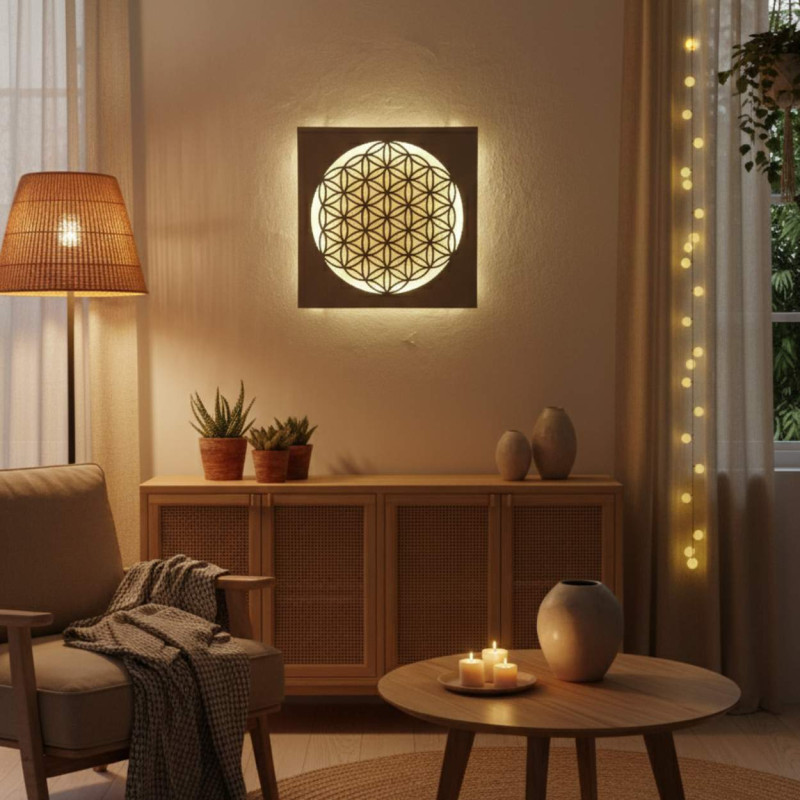 Mandala din lemn iluminată din spate - decor interior, lumină relaxantă și ornament sculptat manual.
