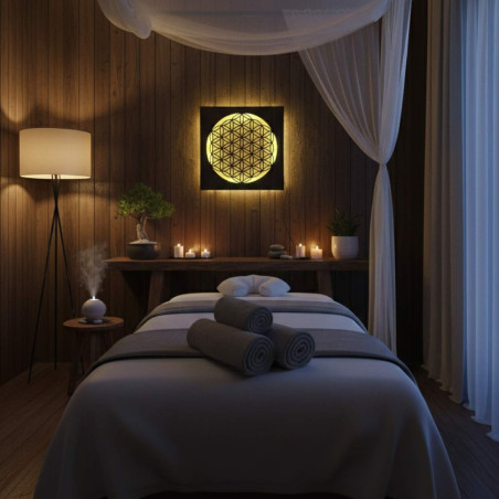 Mandala din lemn iluminată din spate - decor interior, lumină relaxantă și ornament sculptat manual.