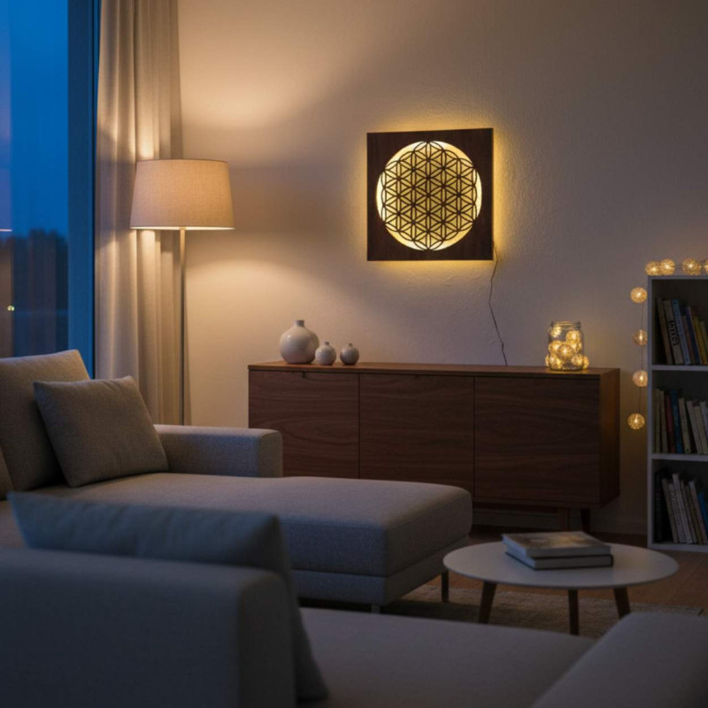 Mandala din lemn iluminată din spate - decor interior, lumină relaxantă și ornament sculptat manual.