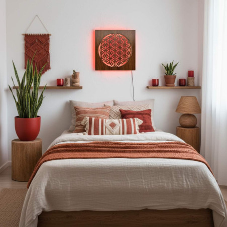 Mandala din lemn iluminată din spate - decor interior, lumină relaxantă și ornament sculptat manual.