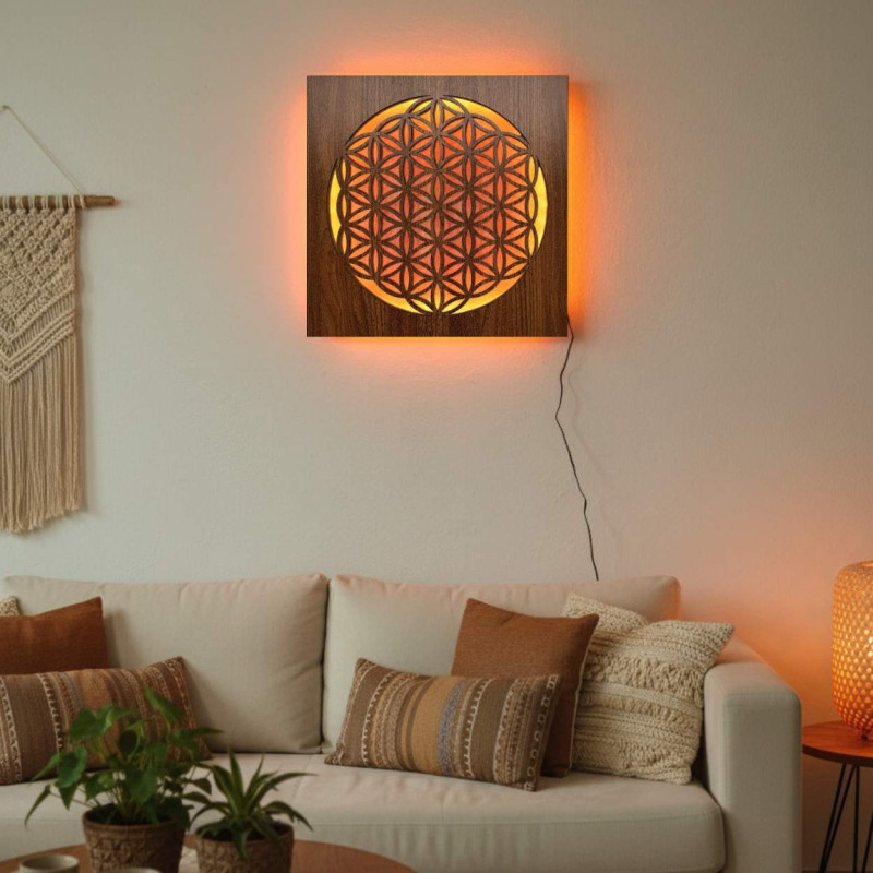 Mandala din lemn iluminată din spate - decor interior, lumină relaxantă și ornament sculptat manual.