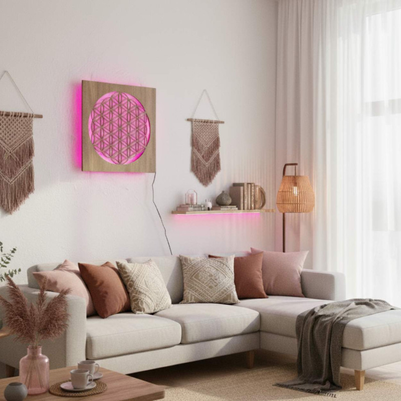 Mandala din lemn iluminată din spate - decor interior, lumină relaxantă și ornament sculptat manual.