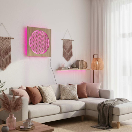 Mandala din lemn iluminată din spate - decor interior, lumină relaxantă și ornament sculptat manual.