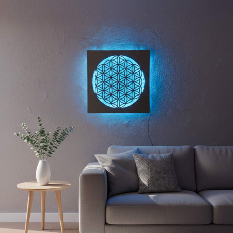 Mandala din lemn iluminată din spate - decor interior, lumină relaxantă și ornament sculptat manual.