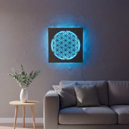 Mandala din lemn iluminată din spate - decor interior, lumină relaxantă și ornament sculptat manual.