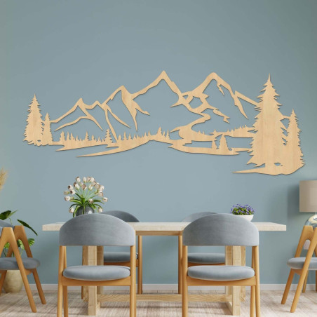 Pictură murală din lemn cu motiv de munți și pădure densă