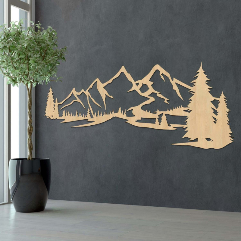 Pictură murală din lemn cu motiv de munți și pădure densă