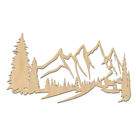 Pictură murală din lemn cu motiv de munți și pădure densă