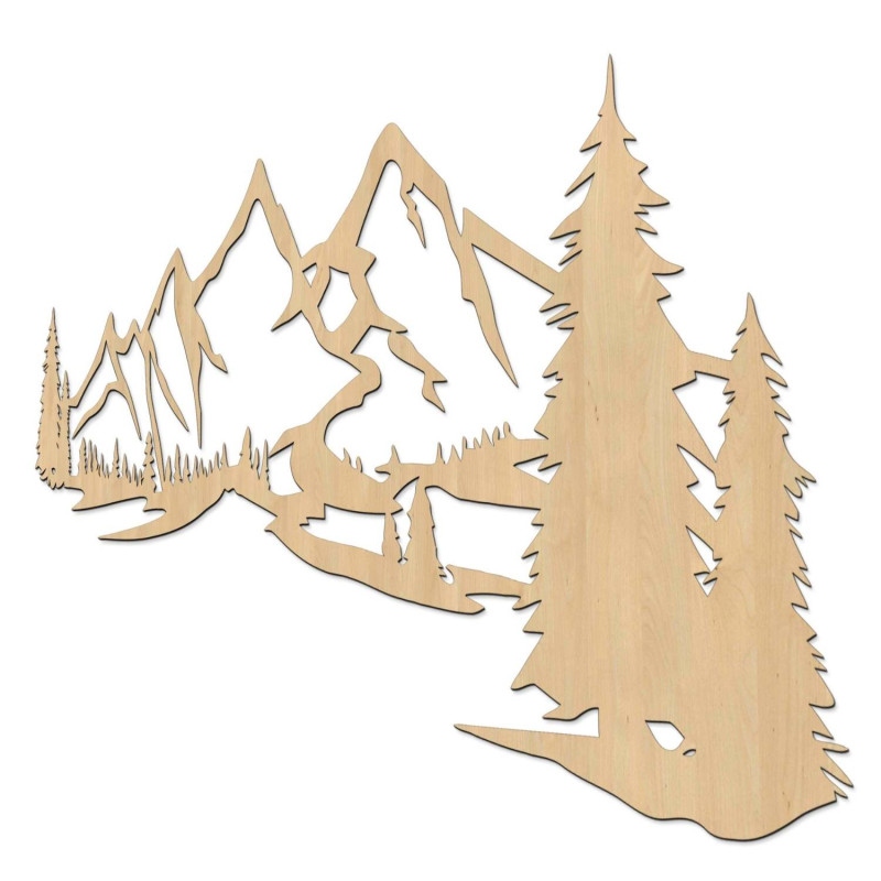 Pictură murală din lemn cu motiv de munți și pădure densă