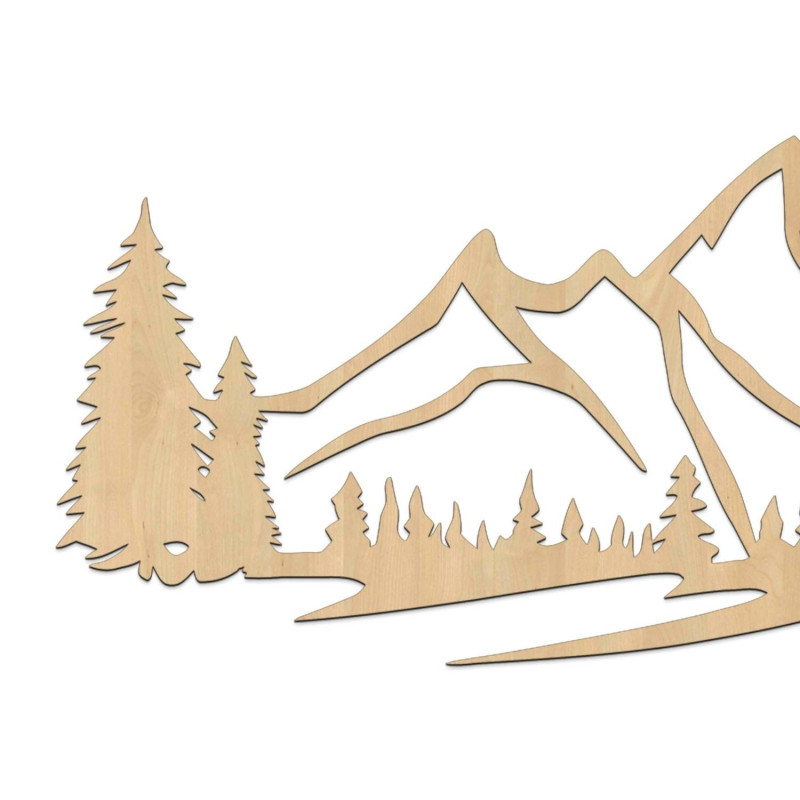 Pictură murală din lemn cu motiv de munți și pădure densă