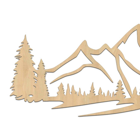 Pictură murală din lemn cu motiv de munți și pădure densă