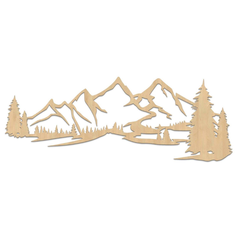 Pictură murală din lemn cu motiv de munți și pădure densă
