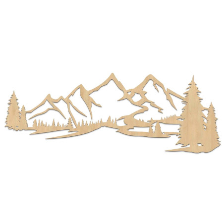Pictură murală din lemn cu motiv de munți și pădure densă